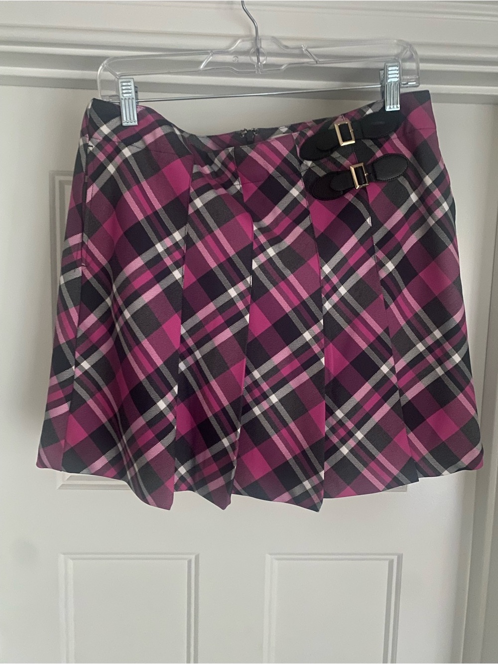 High-Waist Pleated Midi Skirt in Pink and Black Plaid with Buckle Detail